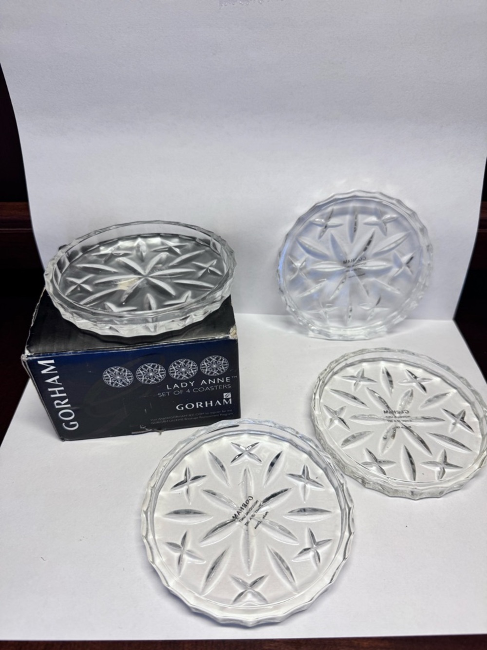 GORHAM LADY ANNE COASTERS, Cut Lead Crystal, 3 5/8", Made in Germany, 4PC